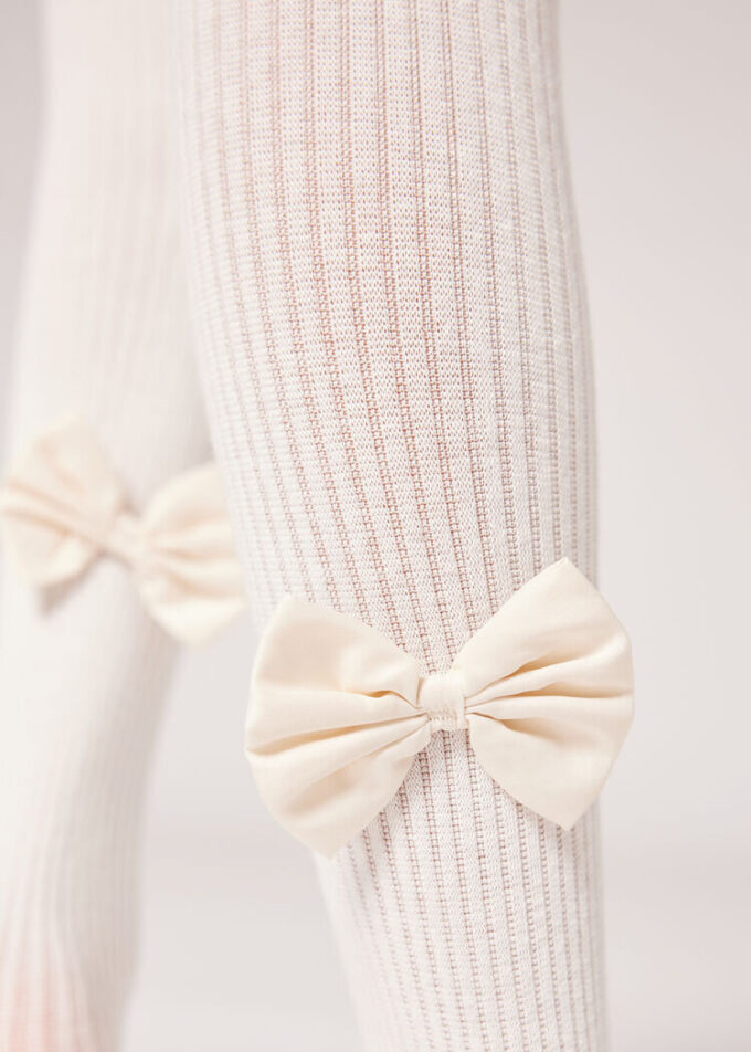 Girls’ Ribbed Cotton Tights with Bow