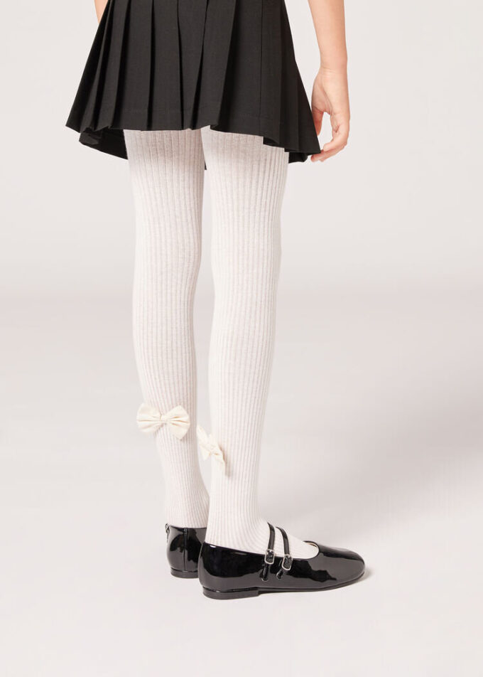 Girls’ Ribbed Cotton Tights with Bow