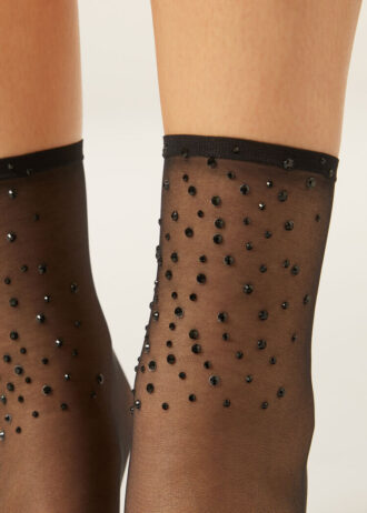 Sheer Short Socks with Rhinestones